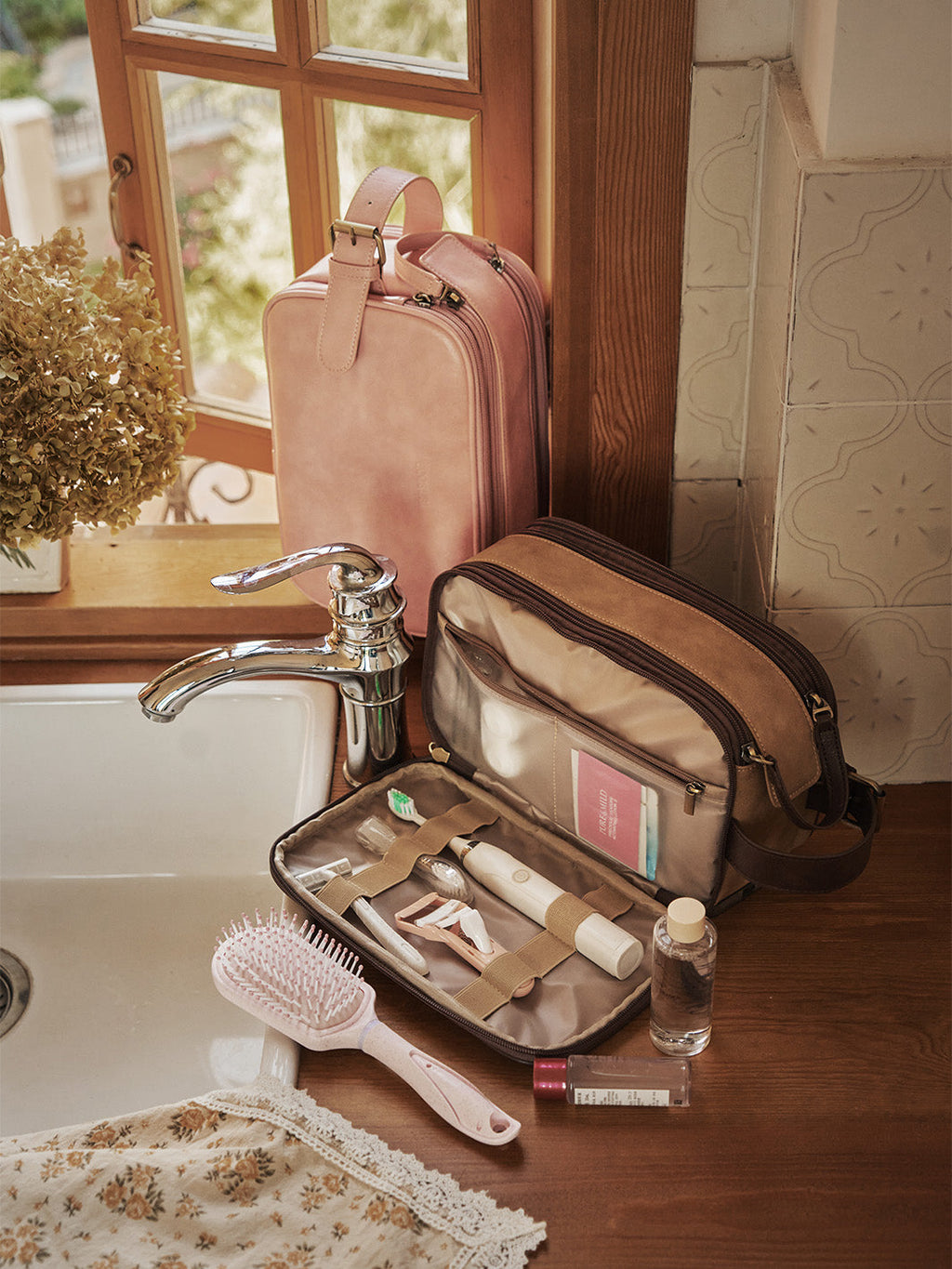 Elena Large Vegan Leather Toiletry Bag